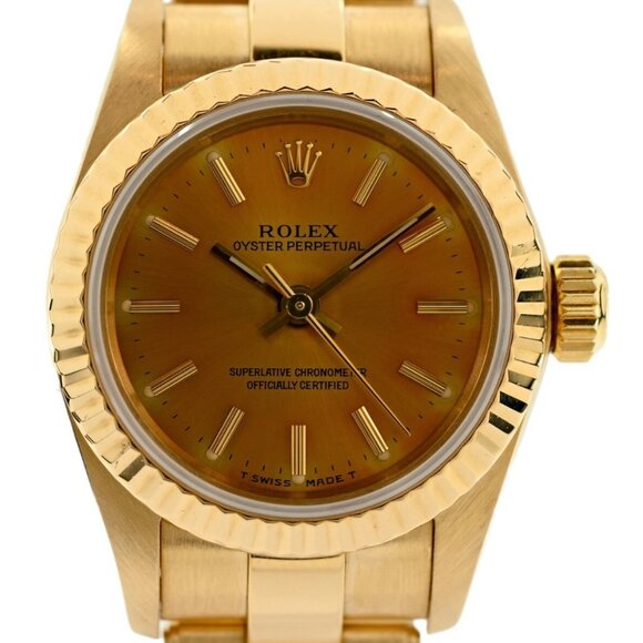 Rolex 24mm Ladies Oyster Perpetual Solid 18k Yellow Gold Tropical Dial Ref 67198 - Picture 3 of 10